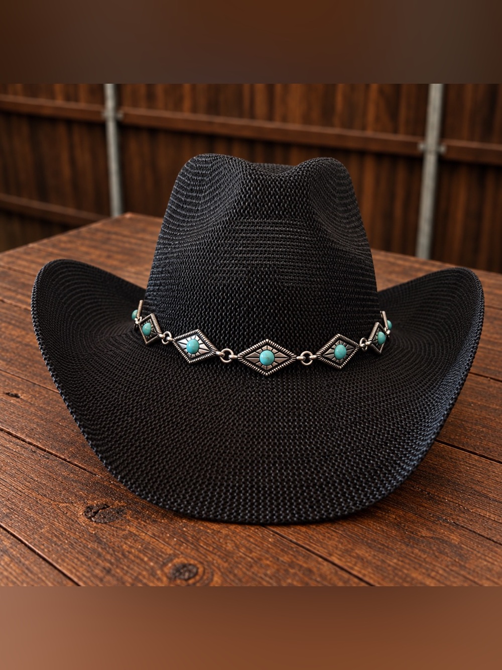 C.C. Black Straw Cowboy Hat with Turquoise Concho Band